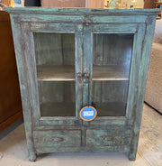 Blue Distressed Wood & Glass Cabinet