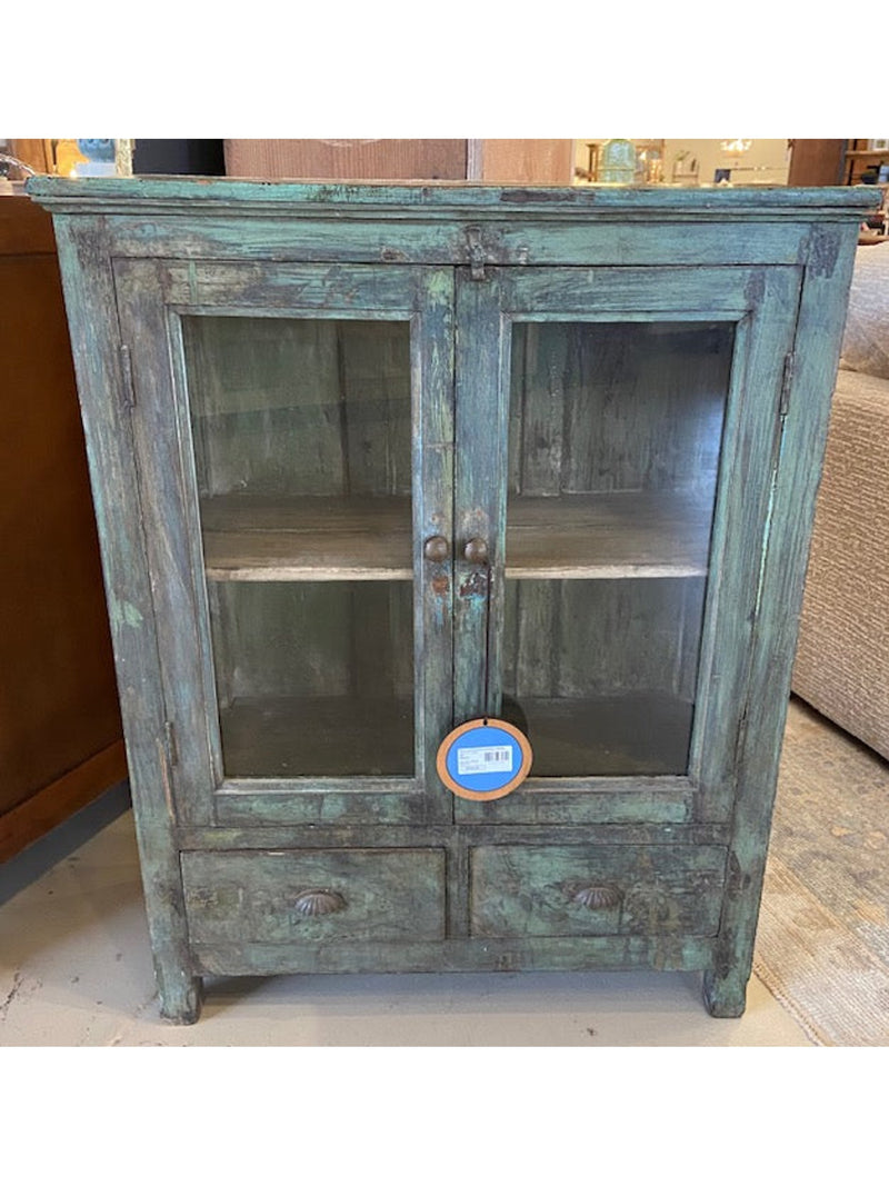 Blue Distressed Wood & Glass Cabinet