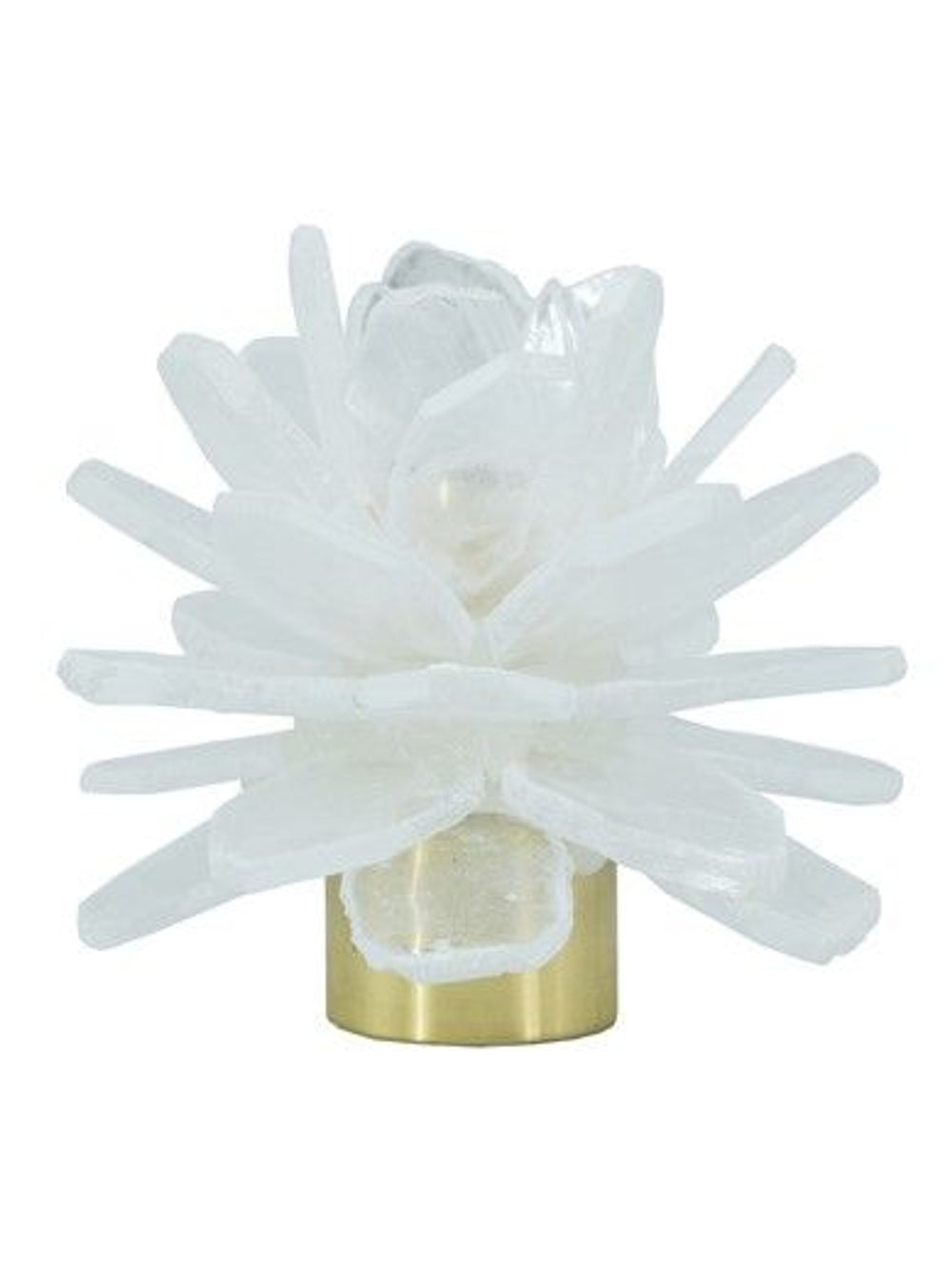 A crystal cluster candle holder featuring a white and clear selenite crystal cluster on a polished metal base, isolated on a white background.