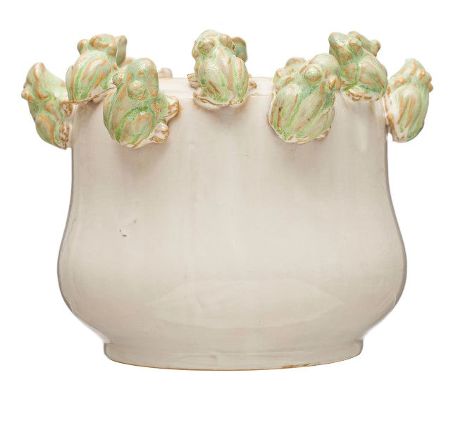 Stoneware Planter w/Frogs-cream