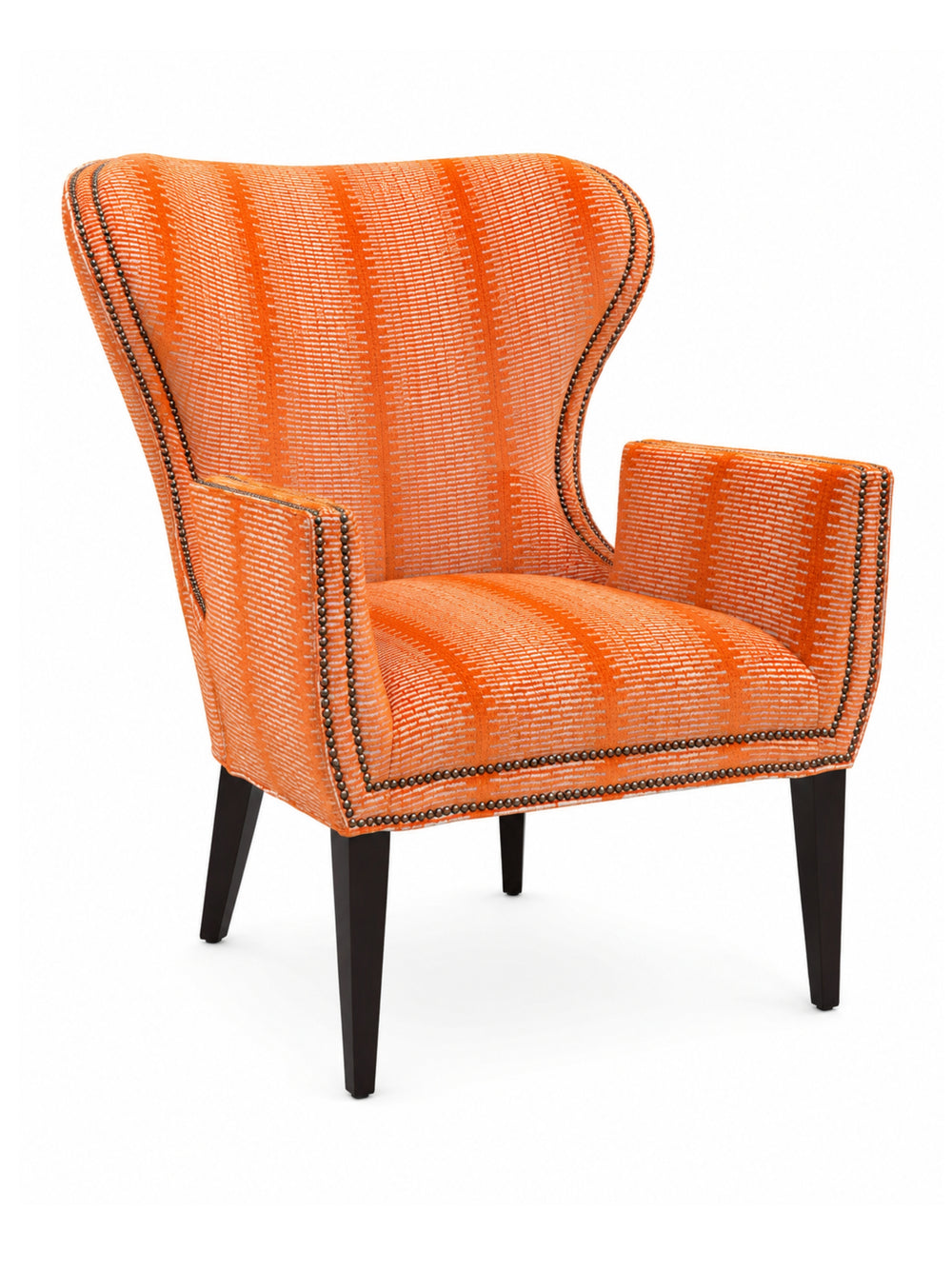 Modern Orange colored chair with high wingback, squared arms 