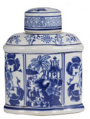 Blue and White Oval Lidded Jar