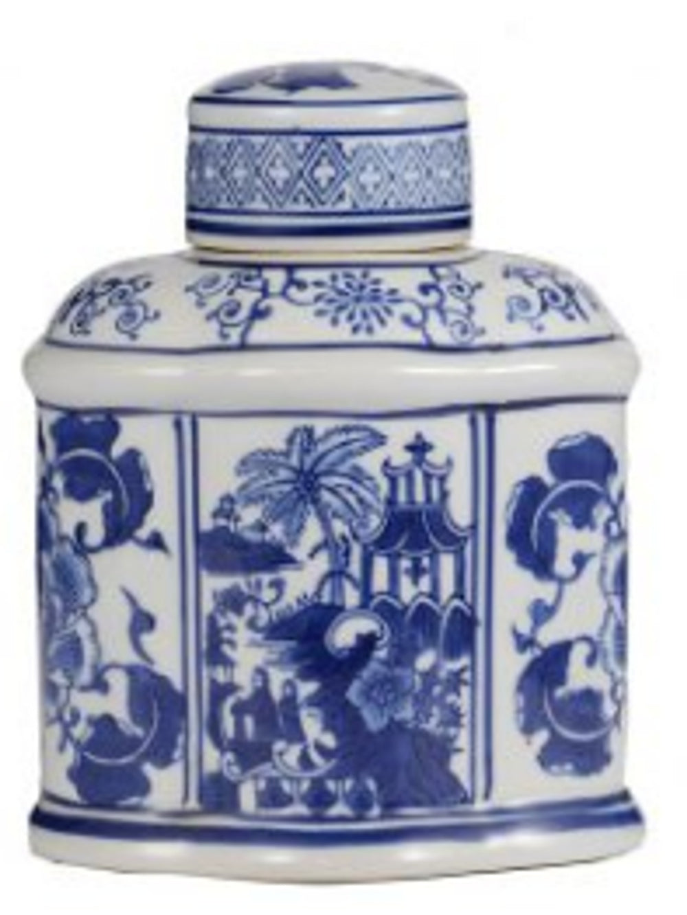 Blue and White Oval Lidded Jar