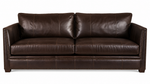 A dark brown leather loveseat sofa with two back cushions, two seat cushions, and nailhead trim on the arms and front, shown against a plain white background.