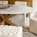 Malibu 90" Oval Dining Table in Sawar Marble with Antique Gold Base