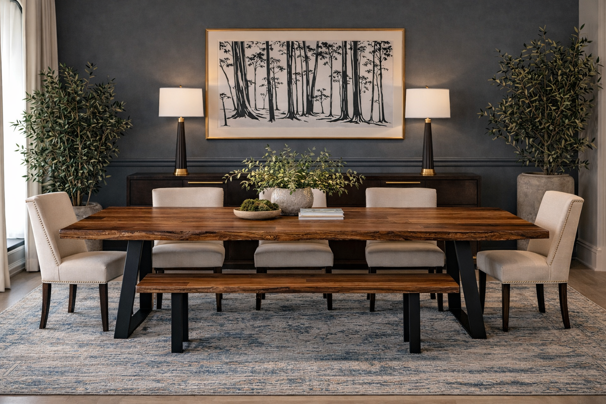 Dining room with a live-edge walnut table, bench and upholstered chairs